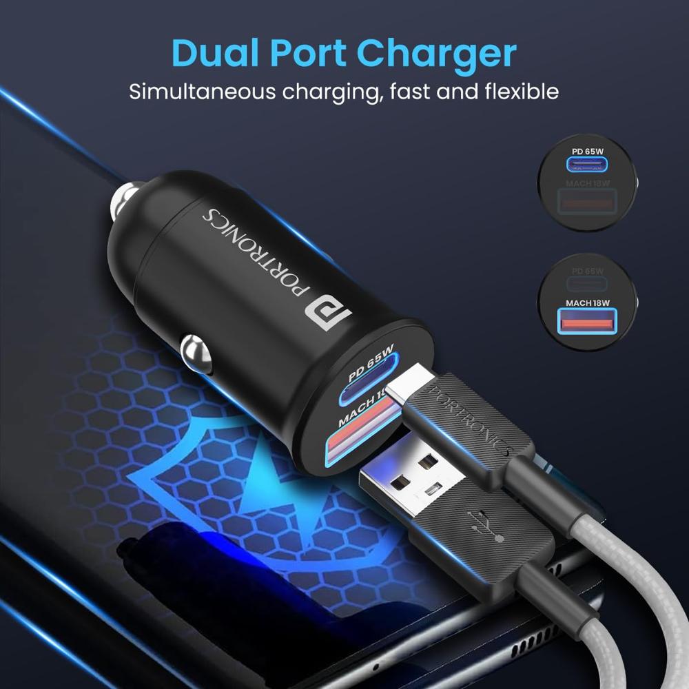 Portronics 65 Watts Car Power 65 Dual Output Fast Car Charger with