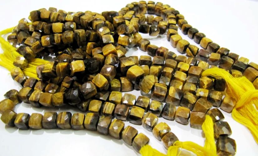 Natural Tiger's Eye 3D Faceted Box Beads 8 to 9mm, Tiger Eye Faceted Cube Beads Strand 8 inch long