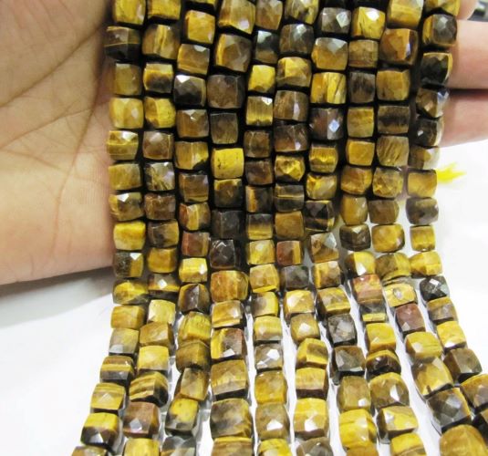 Natural Tiger's Eye 3D Faceted Box Beads 8 to 9mm, Tiger Eye Faceted Cube Beads Strand 8 inch long