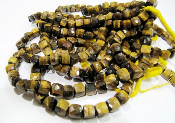 Natural Tiger's Eye 3D Faceted Box Beads 8 to 9mm, Tiger Eye Faceted Cube Beads Strand 8 inch long