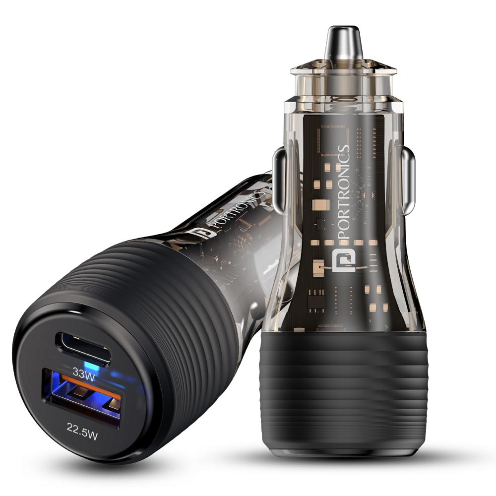 Portronics Car Power View Plus 55.5W Transparent Car Charger, Dual Port Fast Car Charger with 33W