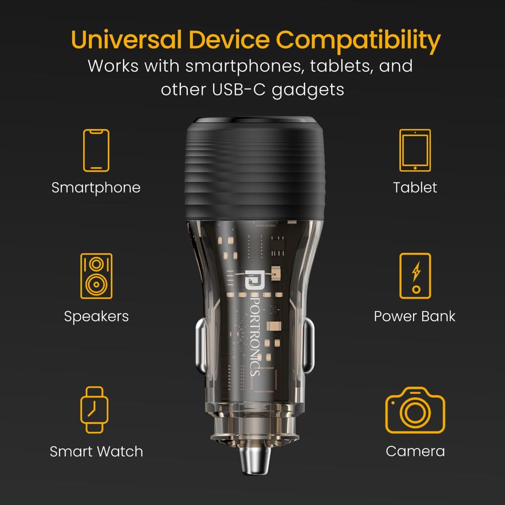 Portronics Car Power View Plus 55.5W Transparent Car Charger, Dual Port Fast Car Charger with 33W