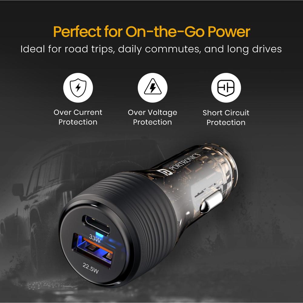 Portronics Car Power View Plus 55.5W Transparent Car Charger, Dual Port Fast Car Charger with 33W