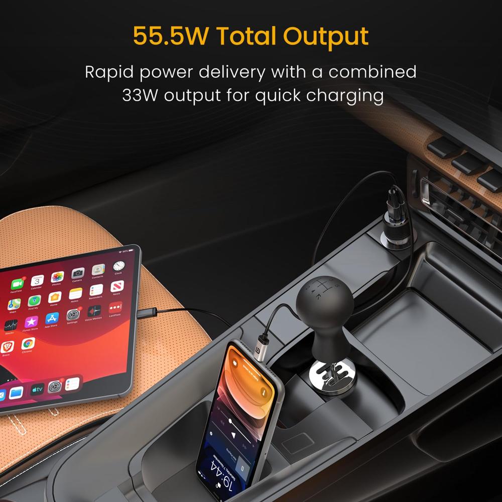 Portronics Car Power View Plus 55.5W Transparent Car Charger, Dual Port Fast Car Charger with 33W
