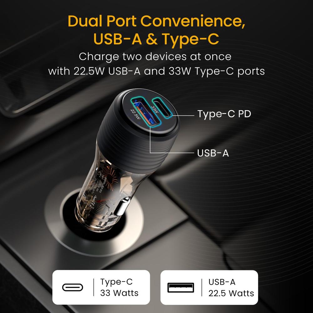Portronics Car Power View Plus 55.5W Transparent Car Charger, Dual Port Fast Car Charger with 33W