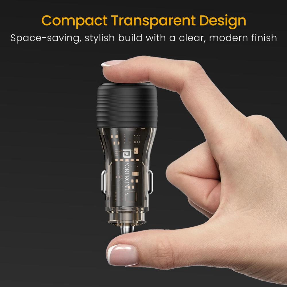 Portronics Car Power View Plus 55.5W Transparent Car Charger, Dual Port Fast Car Charger with 33W
