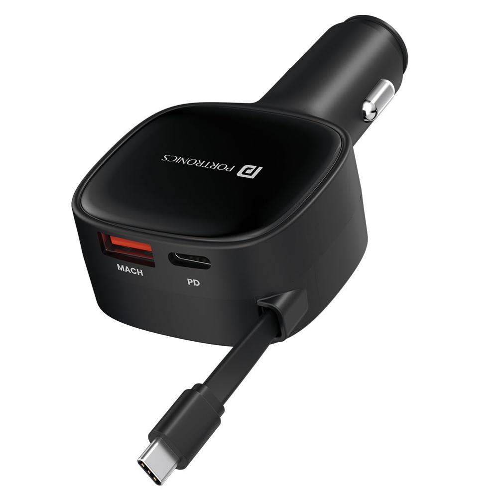 Portronics Car Power Retracto 84W 3 in 1 Car Charger, 80 cm Retractable Cable (33W Type-C PD),