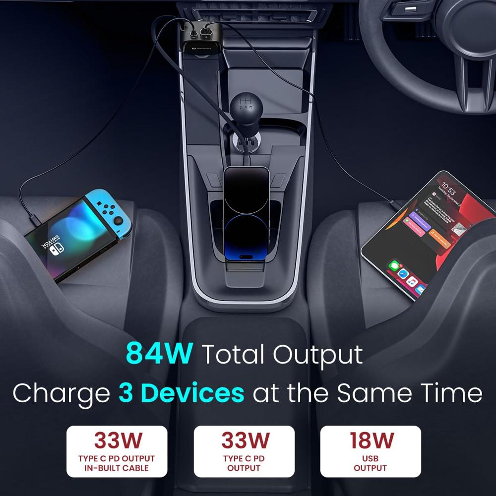 Portronics Car Power Retracto 84W 3 in 1 Car Charger, 80 cm Retractable Cable (33W Type-C PD),