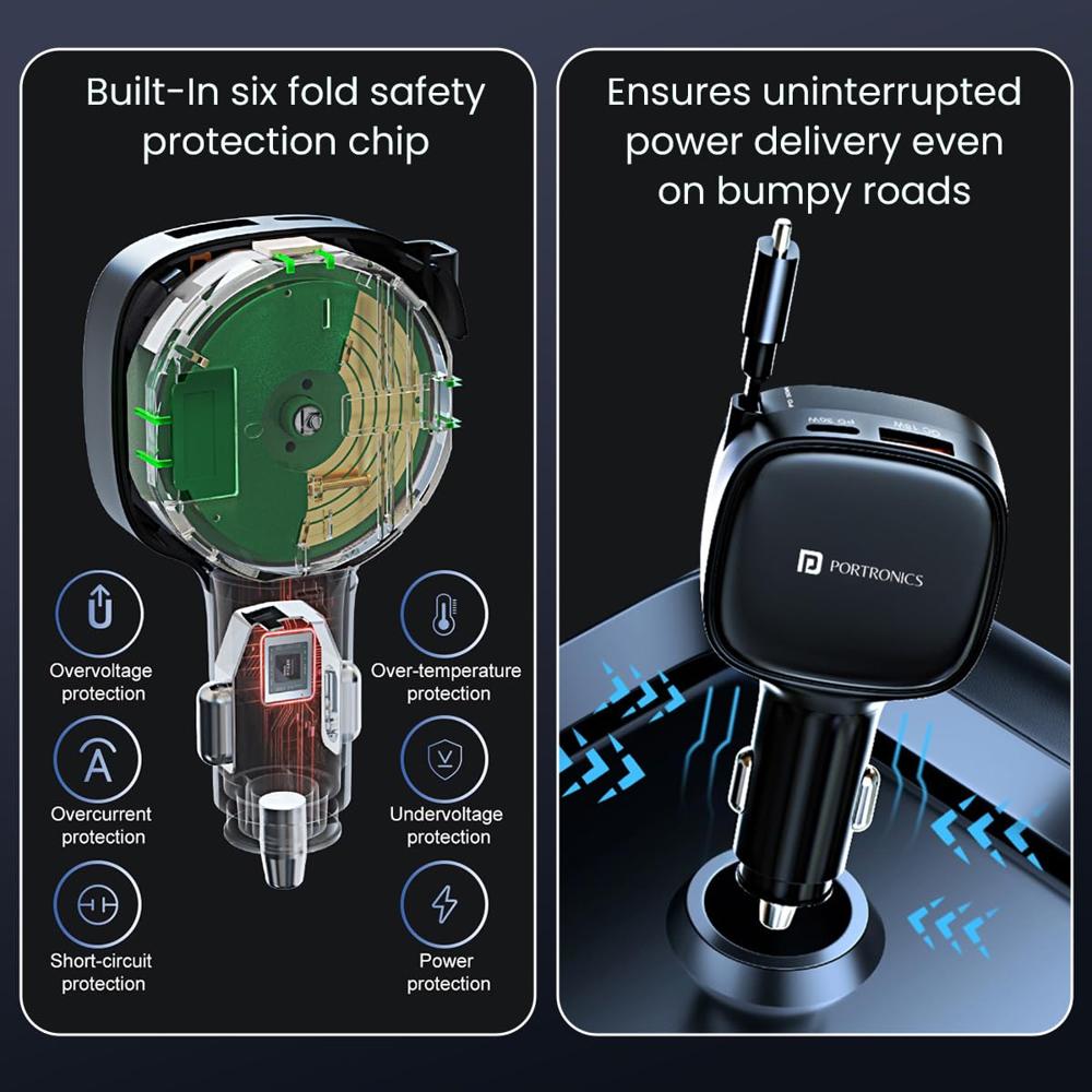 Portronics Car Power Retracto 84W 3 in 1 Car Charger, 80 cm Retractable Cable (33W Type-C PD),