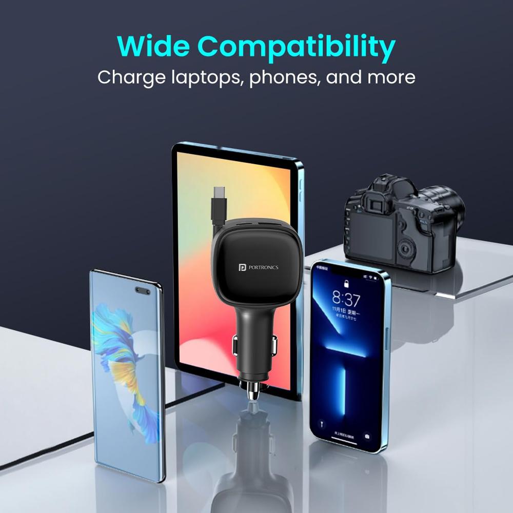 Portronics Car Power Retracto 84W 3 in 1 Car Charger, 80 cm Retractable Cable (33W Type-C PD),