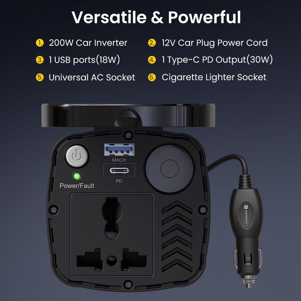 Portronics 200W Car Power One with 30W Type-C PD,12V Car Plug Power Cord,18W USB Port, AC