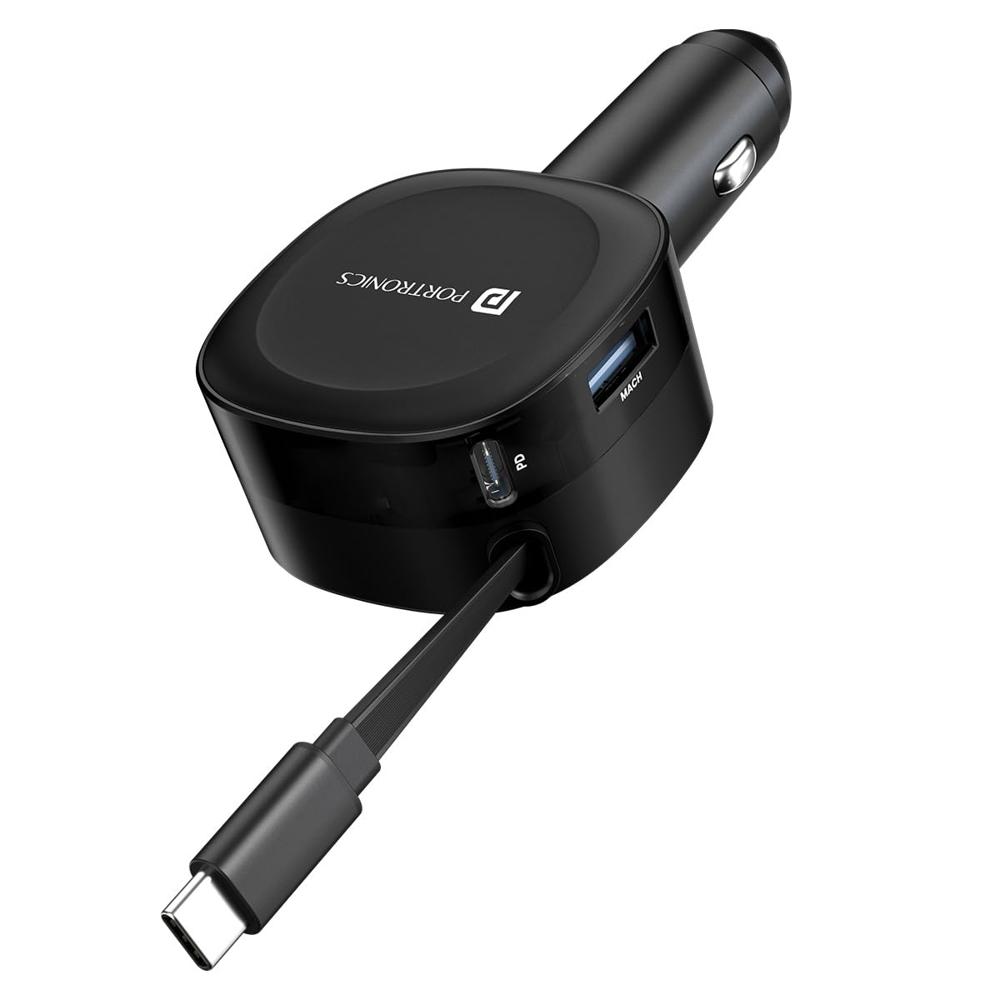 Portronics Car Power Flexo, 3-in-1 60W Car Charger, Retractable Cable (30W Type-C PD), Dual Port (18W