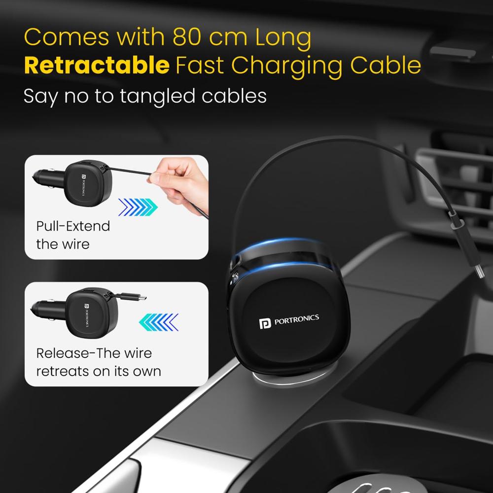 Portronics Car Power Flexo, 3-in-1 60W Car Charger, Retractable Cable (30W Type-C PD), Dual Port (18W