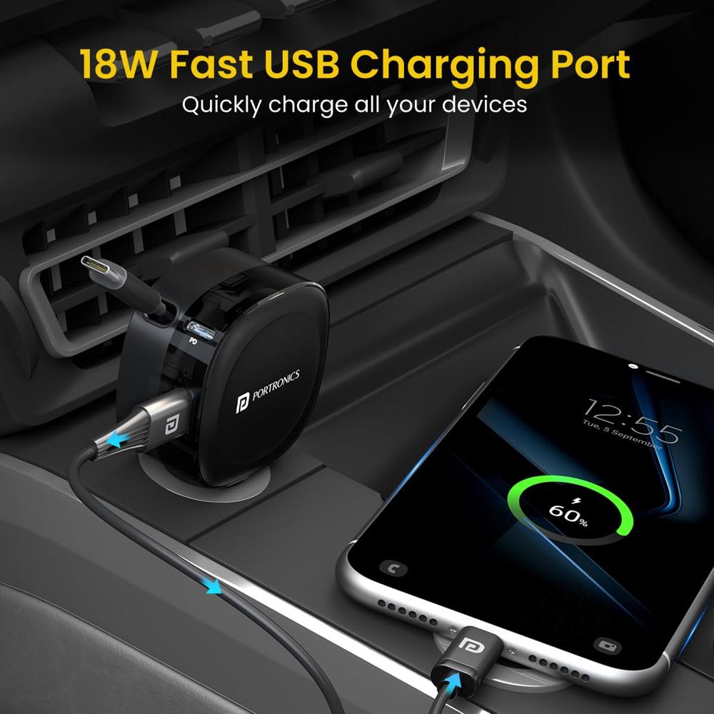 Portronics Car Power Flexo, 3-in-1 60W Car Charger, Retractable Cable (30W Type-C PD), Dual Port (18W