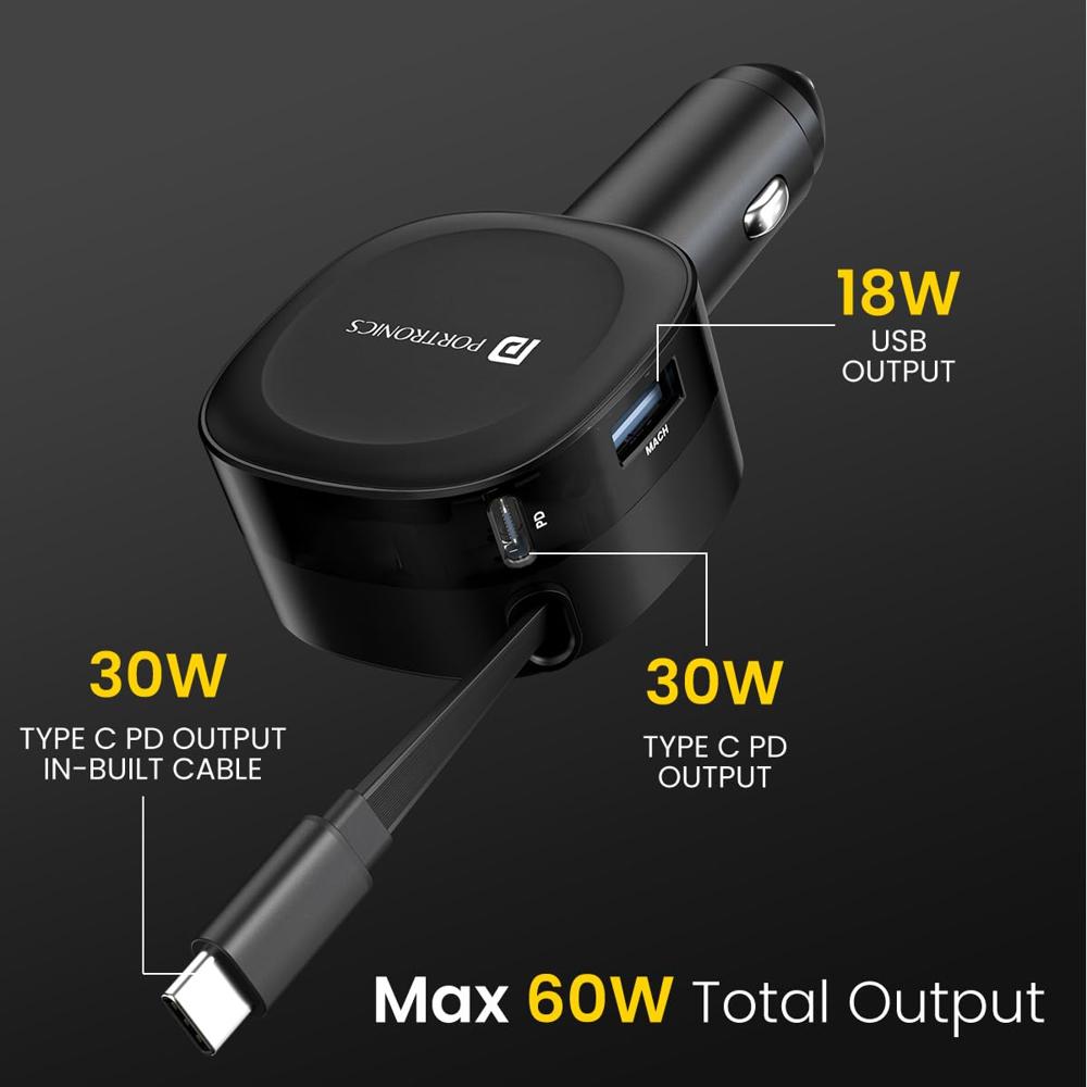 Portronics Car Power Flexo, 3-in-1 60W Car Charger, Retractable Cable (30W Type-C PD), Dual Port (18W