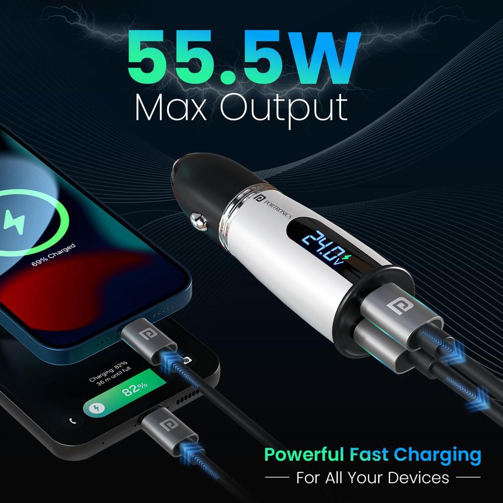 Portronics Car Power Armour 55.5W Fast Car Charger with Emergency Glass Breaker, 33W Type-C PD,