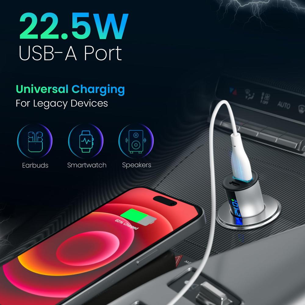 Portronics Car Power Armour 55.5W Fast Car Charger with Emergency Glass Breaker, 33W Type-C PD,