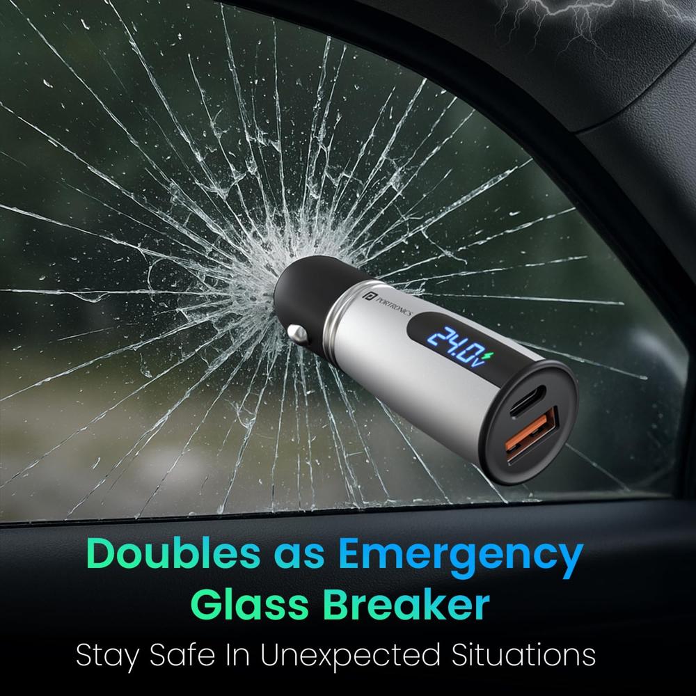 Portronics Car Power Armour 55.5W Fast Car Charger with Emergency Glass Breaker, 33W Type-C PD,