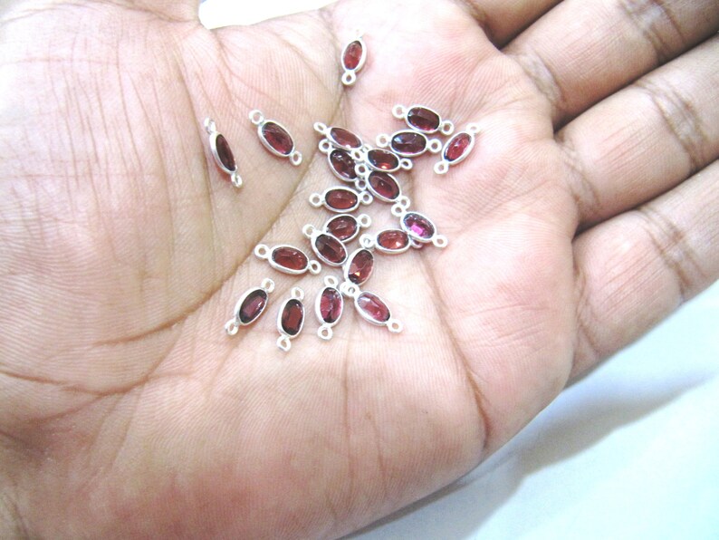 925 Sterling Silver Natural Garnet Oval shape Briolette Bezel Connector 4*6mm Double Loop charms