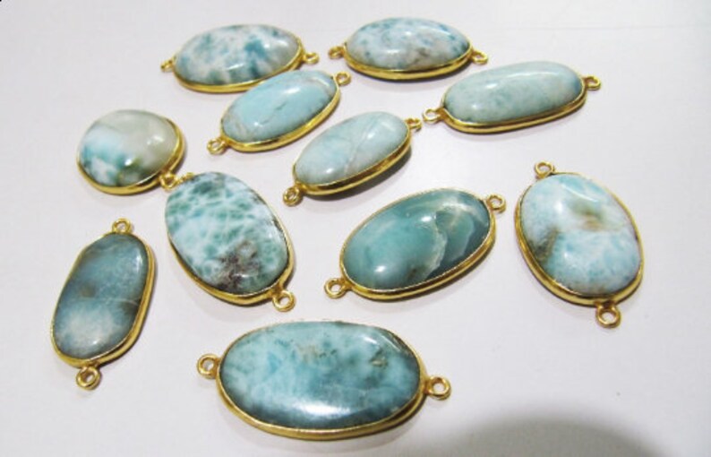 Natural Larimar Oval Shape 13*17mm Plain Smooth Bezel Connectors Larimar Stone Double Loop