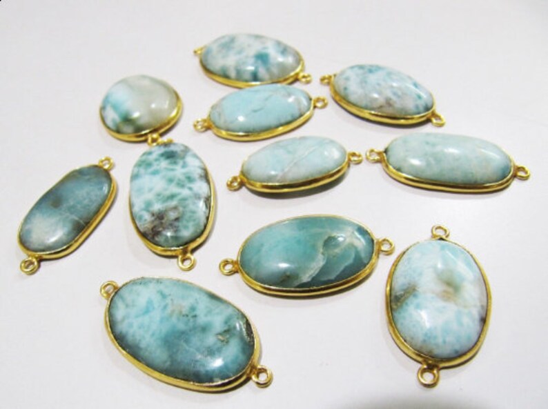 Natural Larimar Oval Shape 13*17mm Plain Smooth Bezel Connectors Larimar Stone Double Loop