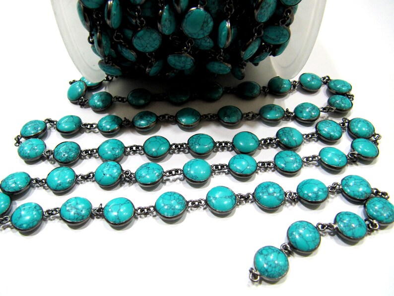 Turquoise Round Plain Smooth 10mm Coin Shape Bezel Connecter Gemstone Handmade Chain