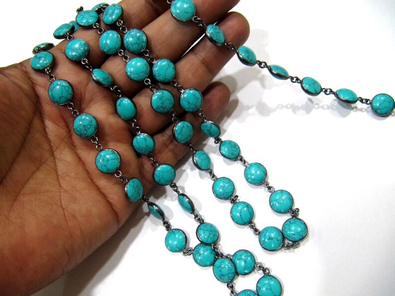 Turquoise Round Plain Smooth 10mm Coin Shape Bezel Connecter Gemstone Handmade Chain