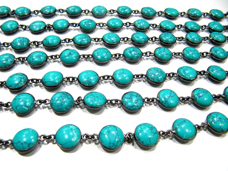 Turquoise Round Plain Smooth 10mm Coin Shape Bezel Connecter Gemstone Handmade Chain