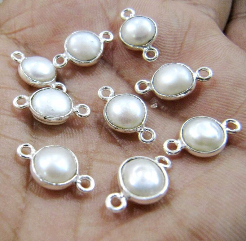 5 Pcs Set- Natural Pearl Coin Shape 8 mm Connectors , Silver Plated Double Loop Bezel