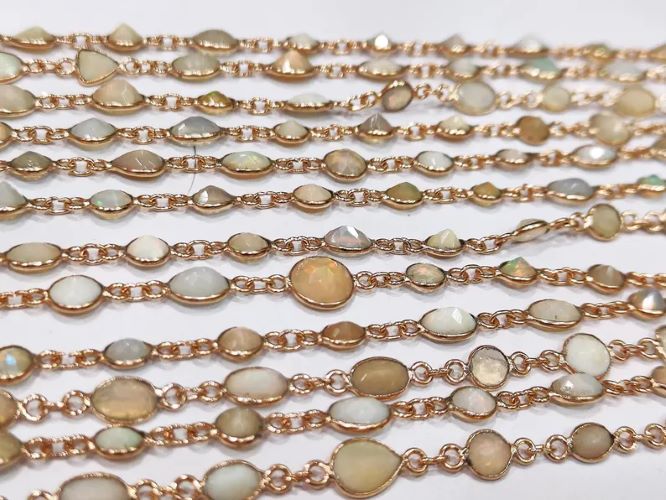 Natural Ethiopian Opal 5 to 10mm Briolette Mix Shape Bezel Connector Chain Sold per foot