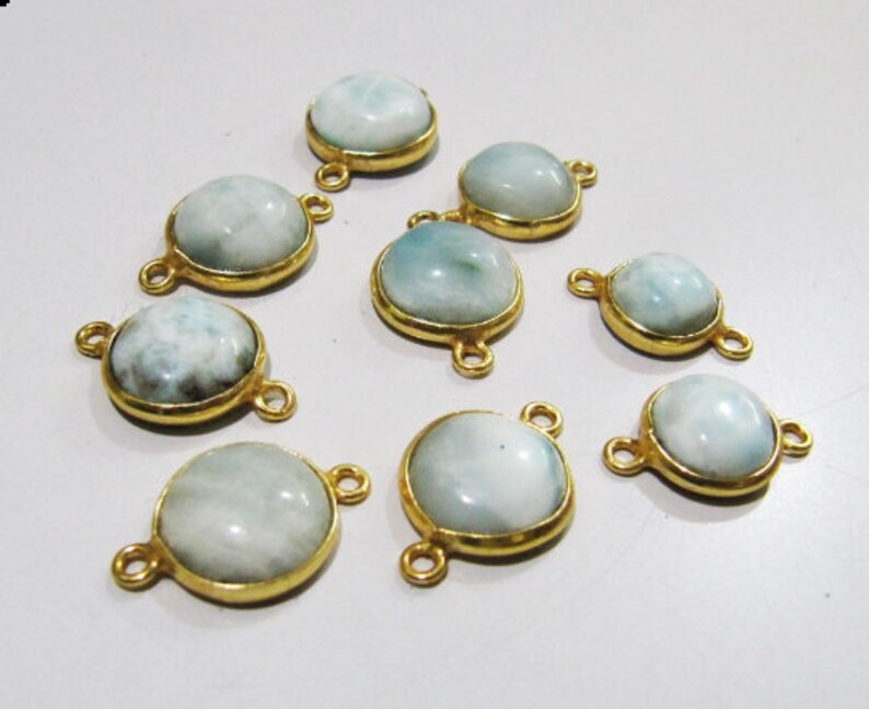 2 Pcs Set Natural Larimar Round Coin Shape Plain Smooth Bezel Connectors Larimar Stone Double Loop Bezel