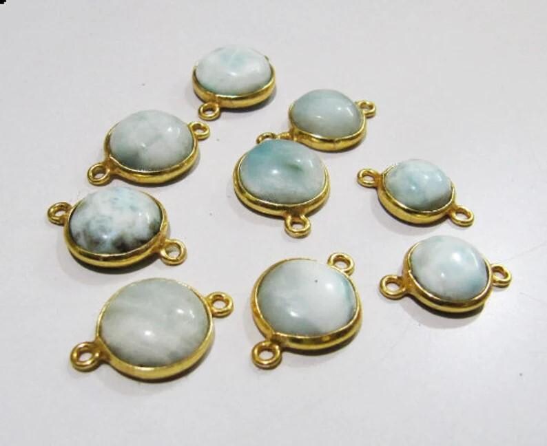 2 Pcs Set Natural Larimar Round Coin Shape Plain Smooth Bezel Connectors Larimar Stone Double Loop Bezel