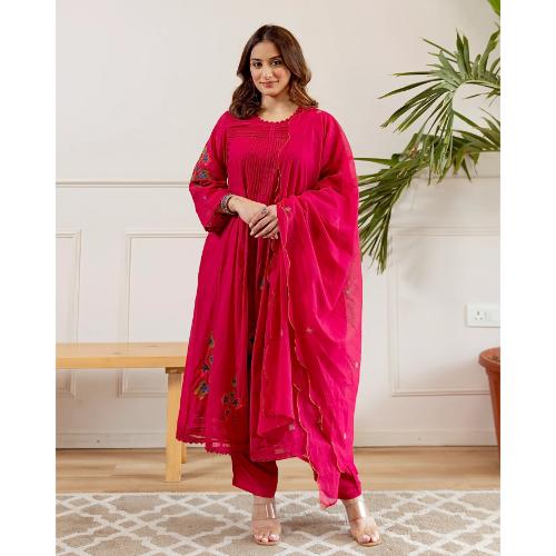 Pink Noor A Line Threadwork Mul Chanderi Suit - Feature: Washable