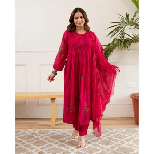 Pink Noor A Line Threadwork Mul Chanderi Suit