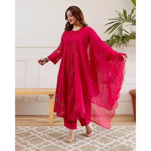 Pink Noor A Line Threadwork Mul Chanderi Suit
