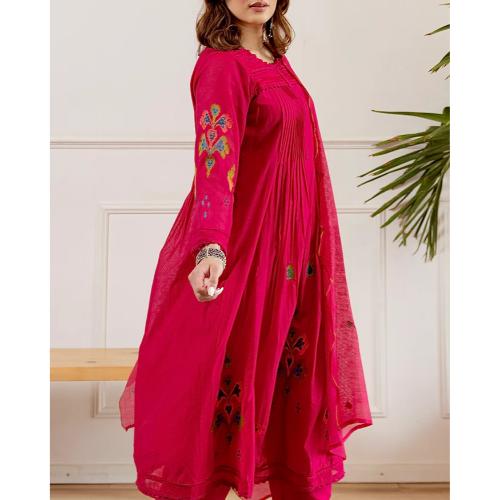 Pink Noor A Line Threadwork Mul Chanderi Suit