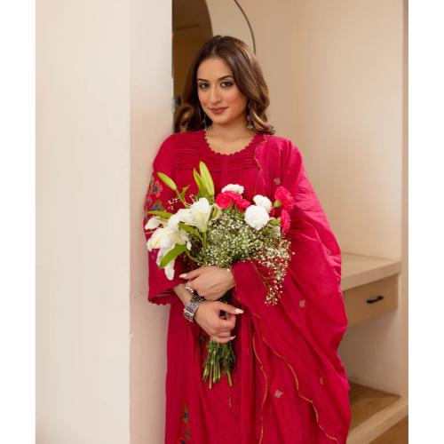 Pink Noor A Line Threadwork Mul Chanderi Suit