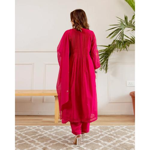 Pink Noor A Line Threadwork Mul Chanderi Suit