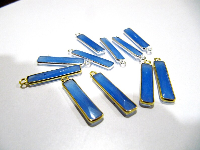 Blue Chalcedony Baguette Shape Briolette Faceted Stone Bezel Single Loop Connector 4x22mm