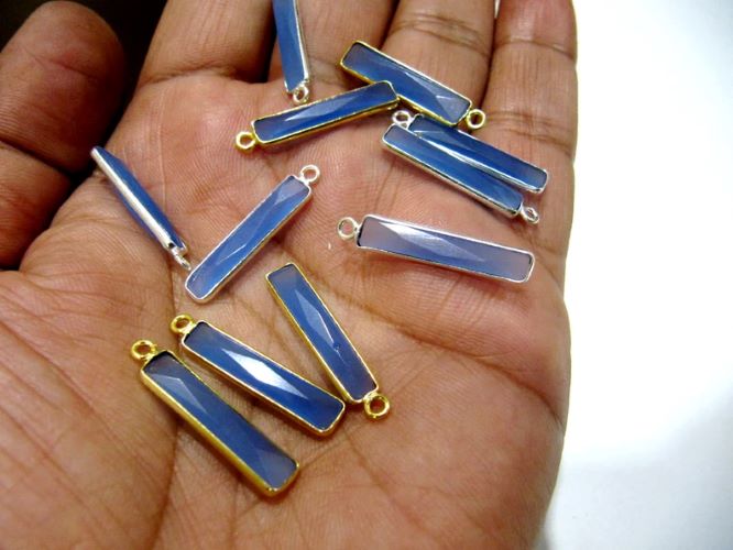 Blue Chalcedony Baguette Shape Briolette Faceted Stone Bezel Single Loop Connector 4x22mm