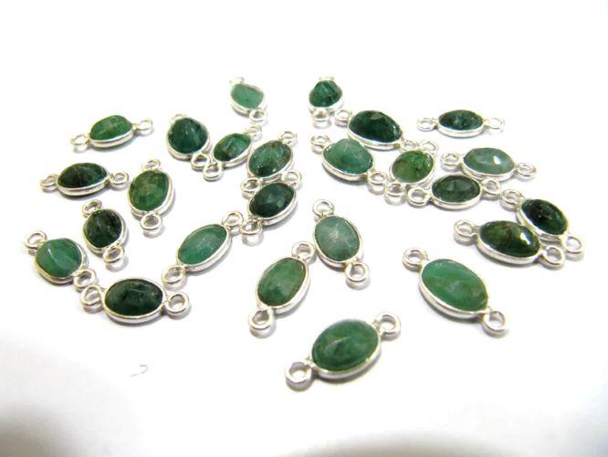 Natural Emerald 925 Sterling Silver Oval shape Briolette Bezel Connector 5to8mm Double Loop