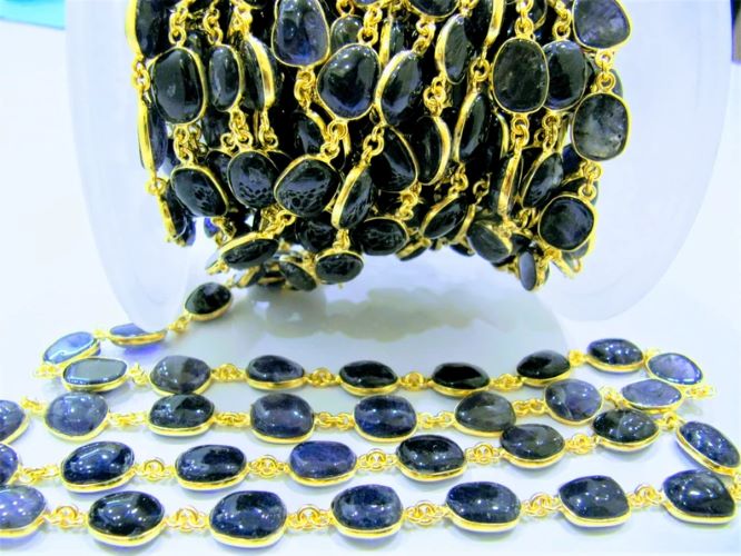 Natural Iolite Free Shape Plain Smooth 7X9 to 9X11mm Cabochon Bezel Connector Chain Sold Per Foot.