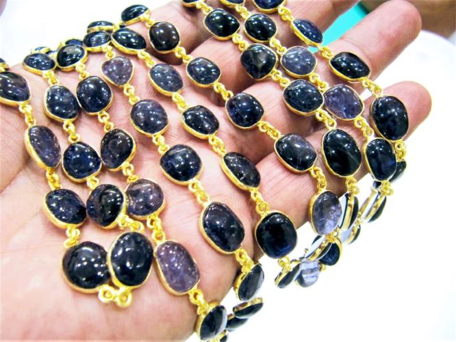Natural Iolite Free Shape Plain Smooth 7X9 to 9X11mm Cabochon Bezel Connector Chain Sold Per Foot.