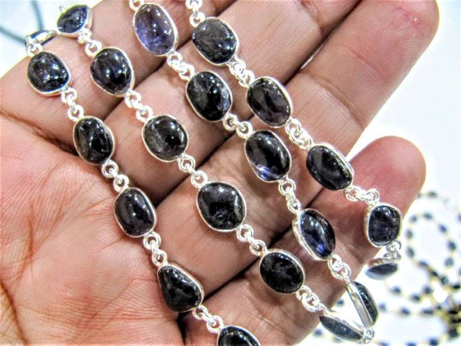 Natural Iolite Free Shape Plain Smooth 7X9 to 9X11mm Cabochon Bezel Connector Chain Sold Per Foot.