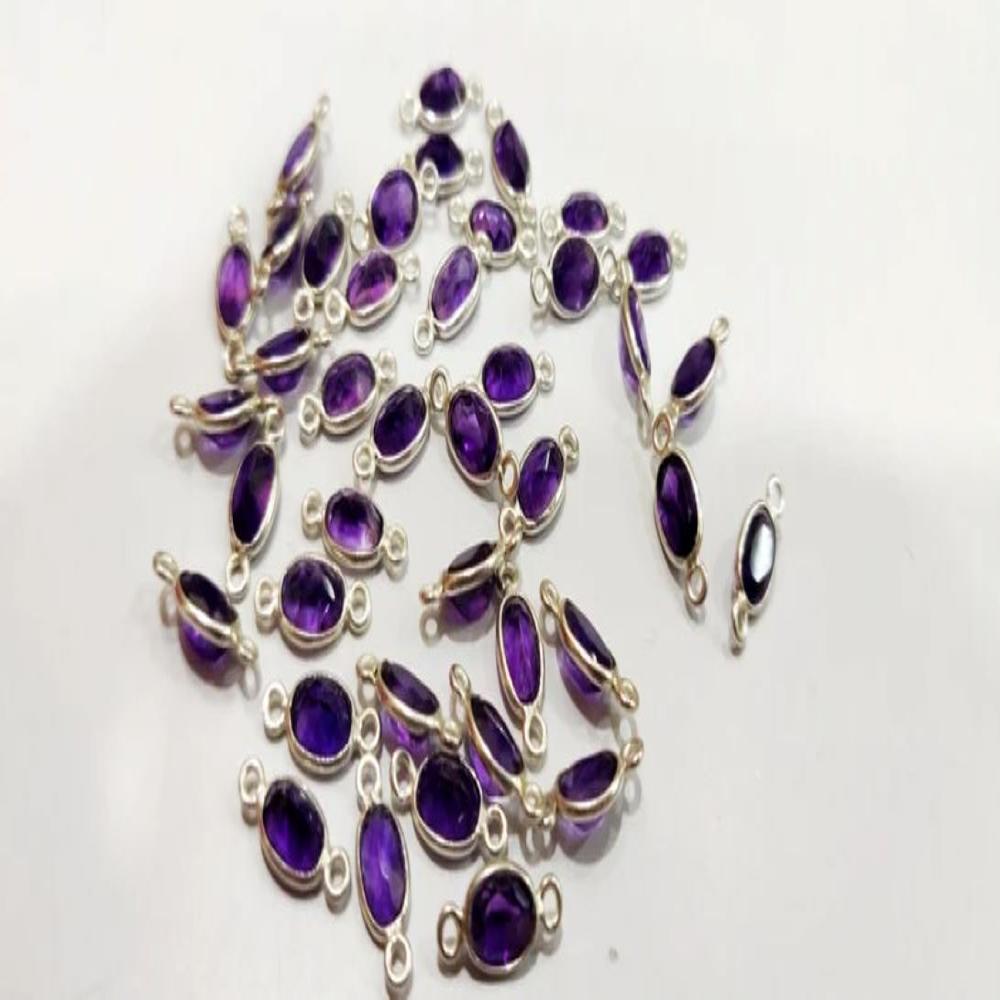 925 Sterling Silver Charms Natural Amethyst Gemstone Oval Shape Briolette Bezel Connector Double Loop - Color: Purple