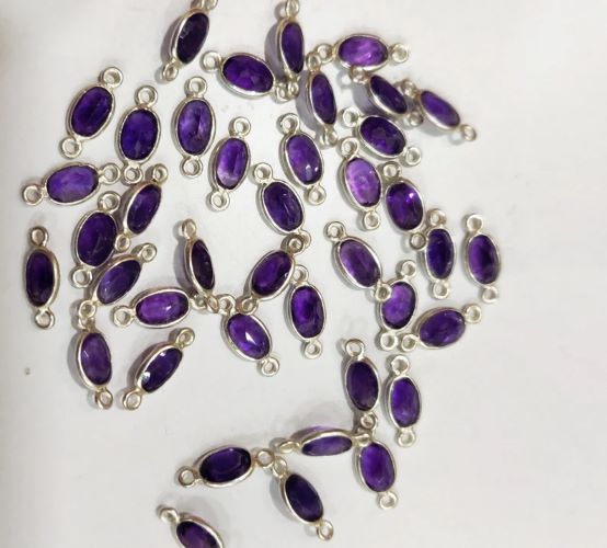 925 Sterling Silver Charms Natural Amethyst gemstone Oval shape Briolette Bezel Connector Double Loop