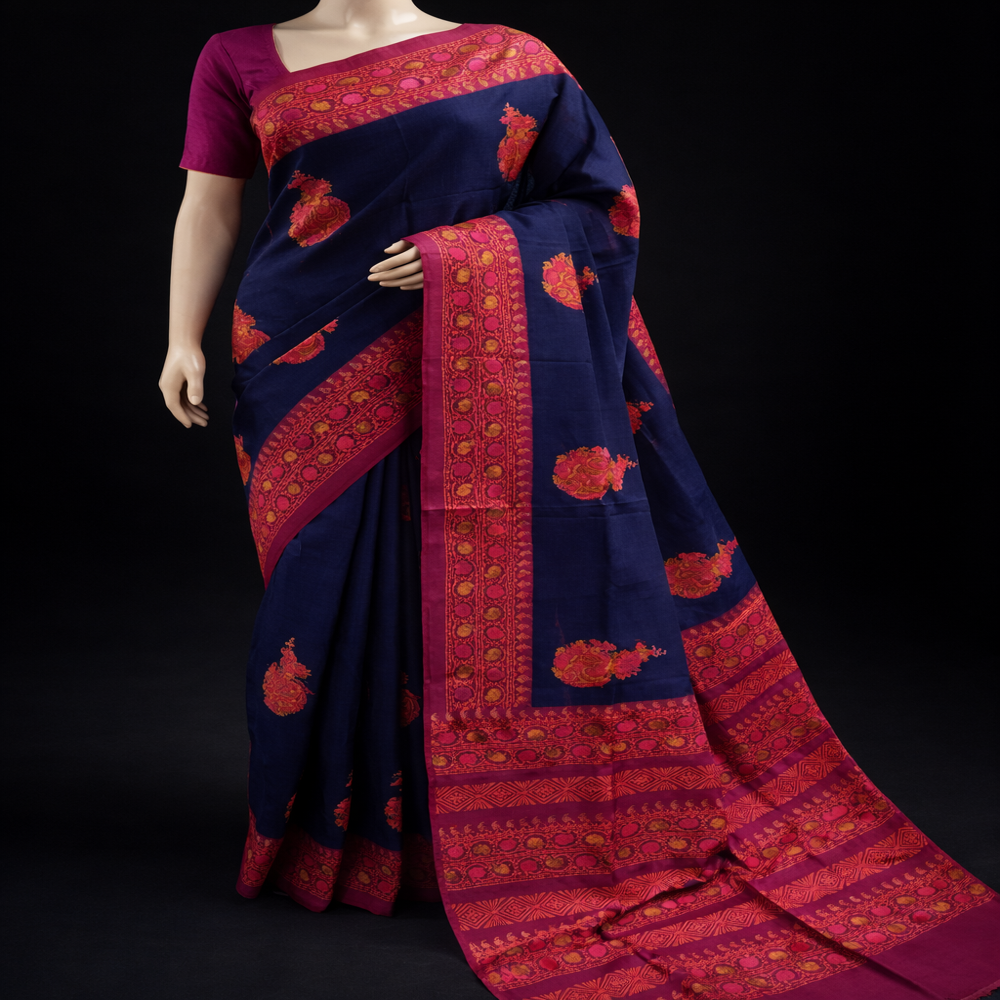 Blue hand block printed pure silk saree
