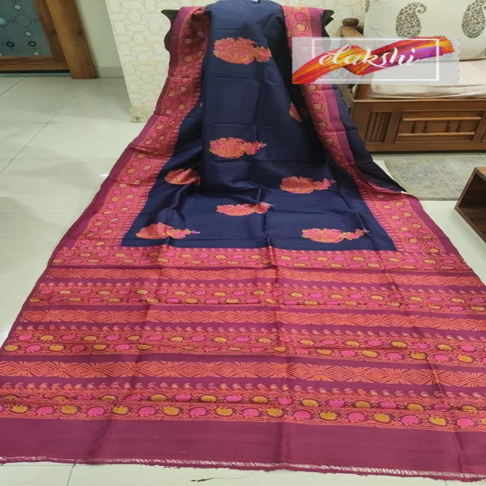 Blue hand block printed pure silk saree 