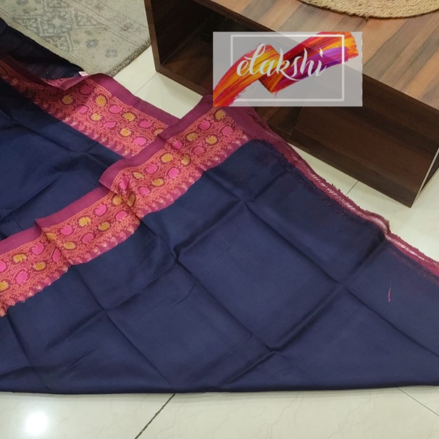 Blue hand block printed pure silk saree 