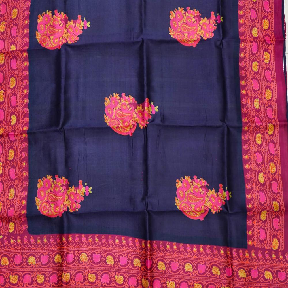 Blue hand block printed pure silk saree 